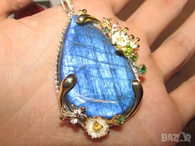 925 Масивно сребърно колие с 85 карата лабрадорит, подходящо за подарък, снимка 4 - Колиета, медальони, синджири - 51701911