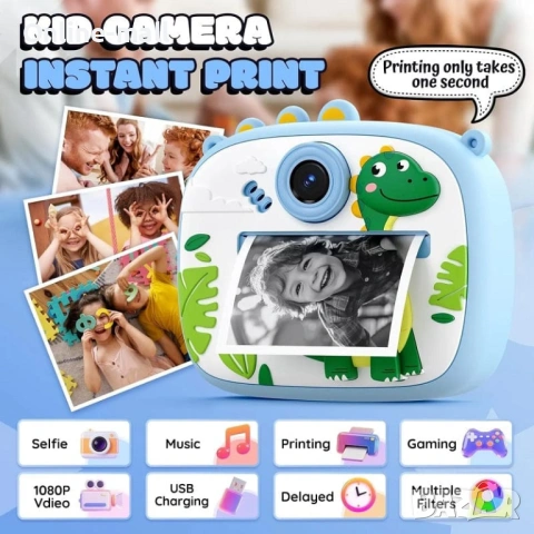 Детска камера с моментален печат – Еднорог / Динозавър, Instant Print Camera с 1080P видео и 32GB ка, снимка 3 - Фотоапарати - 53244120