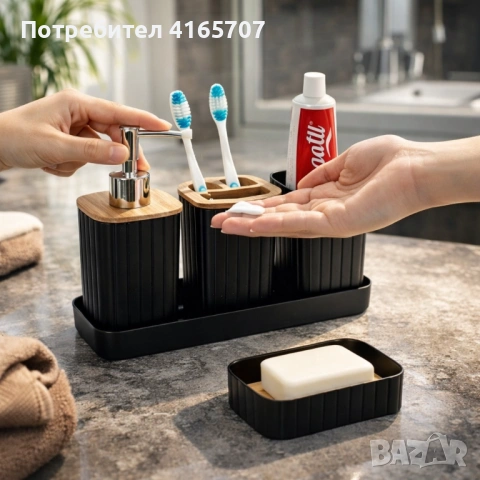 Комплект аксесоари за баня 5 части с табла Cheffinger – диспенсър, чаша, сапунерка и поставка за чет