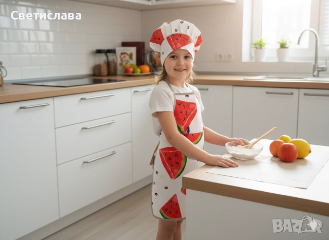 Детски готварски комплект „Диня“ – Престилка и шапка. За дете с ръст 116 см. Подарък за кухнята.