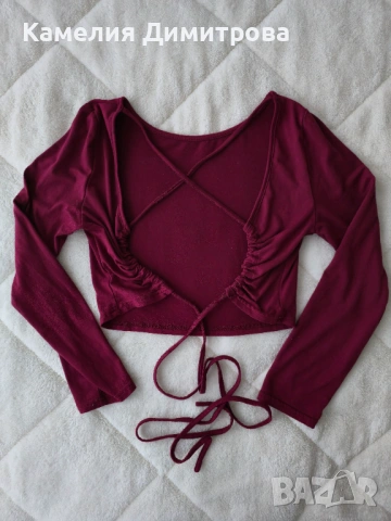 Бордо къс топ с връзки и ефектен гръб, снимка 2 - Блузи с дълъг ръкав и пуловери - 53286043