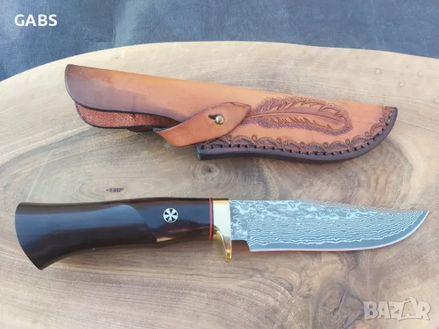 Ловен нож дамаска стомана с кожена кания,LN413, снимка 3 - Ножове - 49492822