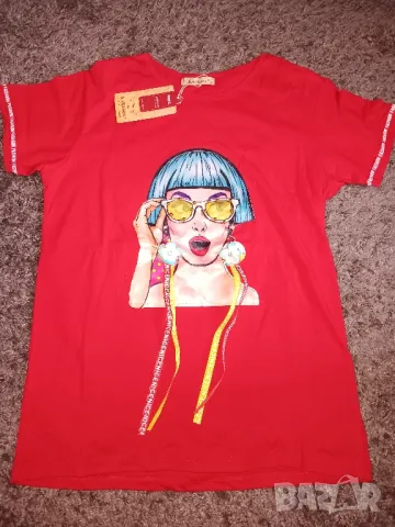 Тениска със капси и ленти в черен,червен,бял,жълт и бледо розов цвят , снимка 5 - Тениски - 25667262