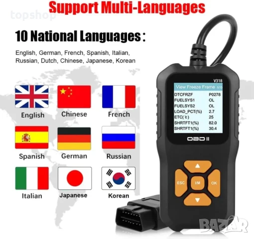 Диагностика за Автомобил Кола четец на грешки кодове на ECU v318 OBD2, снимка 4 - Аксесоари и консумативи - 50555950