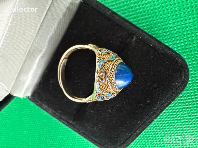 Уникат ! Сребърен пръстен с емайл / позлата и лапис лазули. №7638, снимка 7 - Пръстени - 52502949