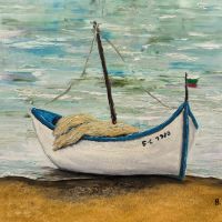 Рибарска българска лодка на морския бряг маслена картина , снимка 3 - Картини - 45539170