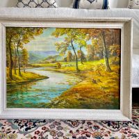 Оригинална авторска картина с маслени бои Есенен горски пейзаж с река, снимка 1 - Картини - 45998875