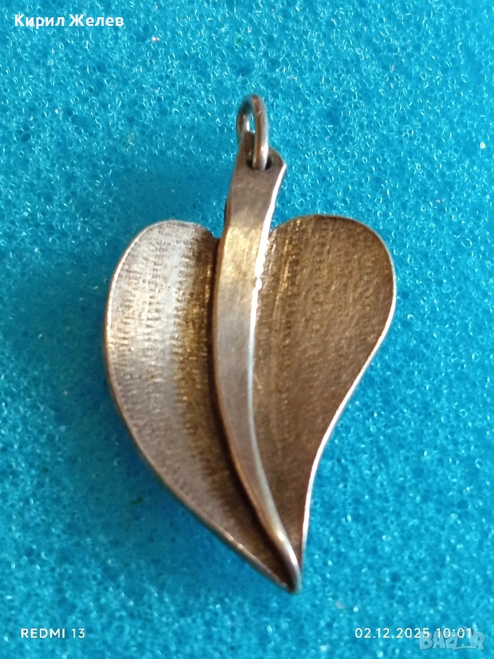 Сребърен медальон във формата на листо майсторска ръчна изработка 30593, снимка 1