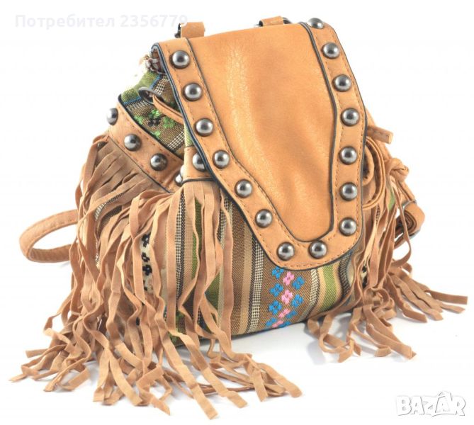 Дамска чанта тип раничка декорирана с ресни в кафяв цвят, снимка 1