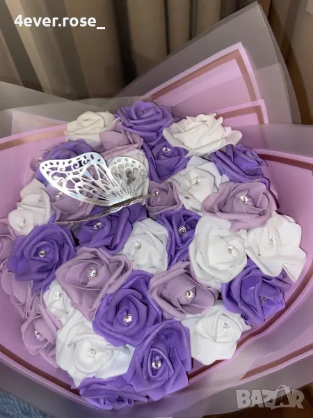 Елегантен букет от 39 изкуствени лилави рози, снимка 1