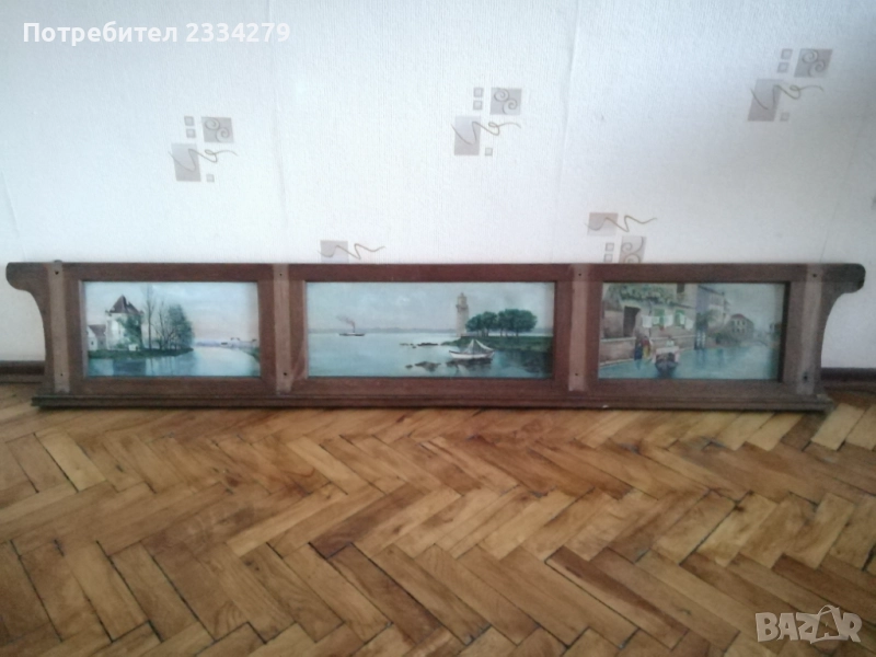 Античен голям триптих, стари рисувани картини на платна. , снимка 1