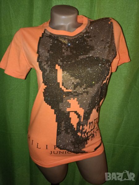 Philipp Plein S-Неоновооранжева тениска с камъчета, снимка 1