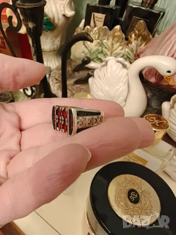 Стар сребърен мъжки пръстен с естествени рубини, снимка 4 - Пръстени - 49766069