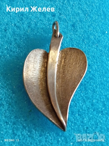 Сребърен медальон във формата на листо майсторска ръчна изработка 30593