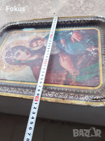 Стар метален поднос икона тава религия богородица, снимка 6 - Антикварни и старинни предмети - 53430952