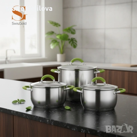 Комплект тенджери Swisgold – 3 броя, 5-слойно дъно - бързо и равномерно готвене