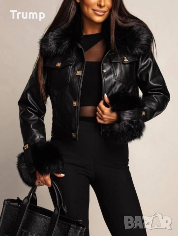 Хит! Стилно дамско яке, еко кожа , цвят черен черен пух,, снимка 2 - Якета - 52174094