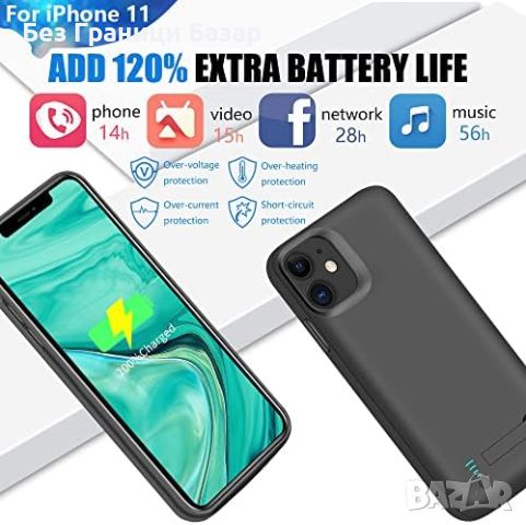 Нов Калъф с батерия за iPhone 11 - 6000mAh, Тънък дизайн и пълна защита, снимка 3 - Калъфи, кейсове - 46503419