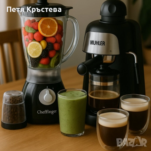 Комплект от еспресо машина MUHLER MCM-33 + 2 стъклени чаши и блендер с мелничка Cheffinger Home CF-P, снимка 2 - Кафемашини - 52508429