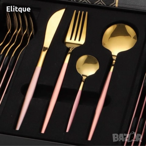 Комплект прибори за хранене от 24 части с луксозен дизайн и магнитна кутия в златисто и розово, снимка 5 - Други - 53203129