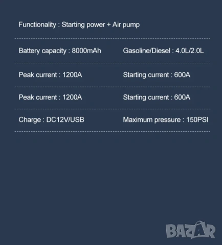 ДЖЪМП СТАРТЕР 4в1 + КОМПРЕСОР за гуми, за кола, автомобил, Jump Starter, 8000–10000mAh, Power Bank, снимка 10 - Аксесоари и консумативи - 54051215