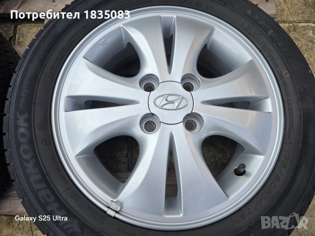 Лети джанти 14ки 4х100 Hyundai + летни гуми 175/60/14 Hankook, снимка 6 - Гуми и джанти - 53707165