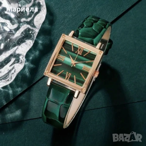 Елегантен комплект часовник и бижута с зелени кристали и златист корпус, снимка 2 - Бижутерийни комплекти - 53445406