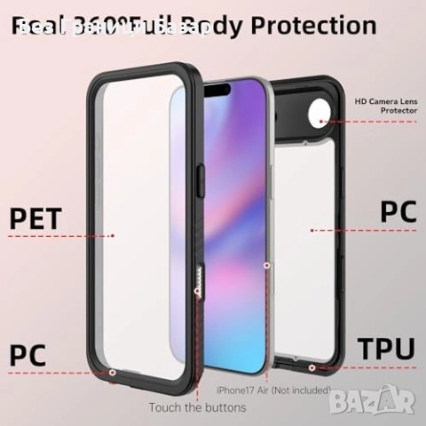Нов Калъф iPhone 17 Air водоустойчив 360° ударо/прахоустойчив черен кейс Айфон, снимка 5 - Калъфи, кейсове - 53692205