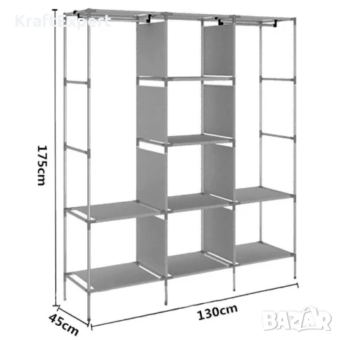 Трикрилен текстилен гардероб с 8 рафта и лост за дрехи, снимка 5 - Гардероби - 50681396