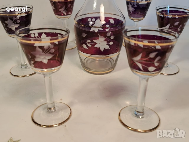 ретро сервиз за ракия цветно гравирано стъкло със златен кант, снимка 3 - Чаши - 50723370