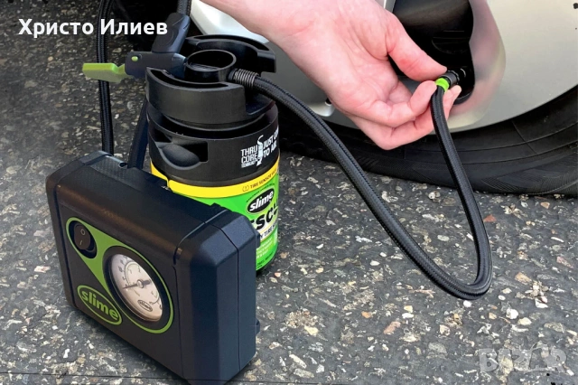 Slime ремонтен комплект за спукана гума с уплътнител 414ml и компресор 12V, 4 bar, 60 PSI, снимка 5 - Аксесоари и консумативи - 54276467