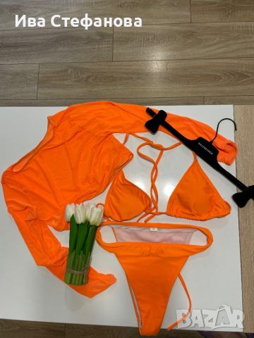 Нов разкошен оранжев оранжево неонов бански костюм сет от три части комплект с къс топ , снимка 2 - Бански костюми - 46008391