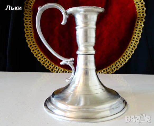 Свещник от калай с дръжка,ръкохватка. , снимка 3 - Антикварни и старинни предмети - 53966046