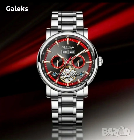 Мъжки автоматичен, класически часовник GLENAW* с червен циферблат!, снимка 5 - Мъжки - 49416250