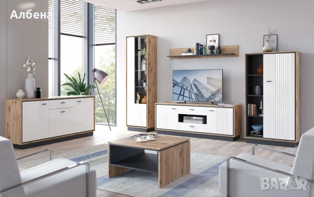 ТВ шкаф MESTRE METF01 – стилен и функционален | Дъб Викинг + Черно/Бял лак, снимка 3 - Шкафове - 53870103