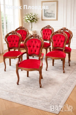 Комплект от 6 трапезни стола с червена плюшена дамаска