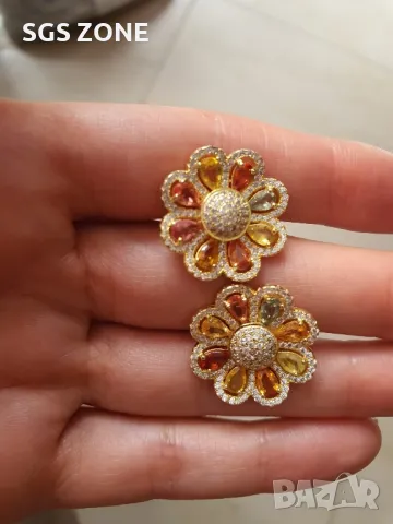 Сребърни Обеци в Златно Покритие с Мулти Сапфири💥, снимка 3 - Обеци - 49917320