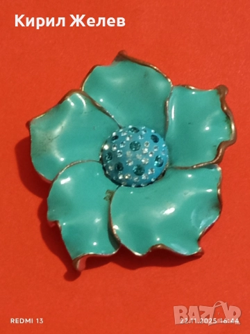 АРТ БРОШКА с ТЮРКОАЗЕНО ЕМАЙЛИРАНО ЦВЕТЕ и КРИСТАЛИ 28545, снимка 7 - Антикварни и старинни предмети - 52503904