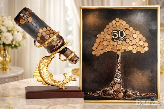 Оригинален подарък за рибар или зодия Риби с Дървото на живота със стотинки и златна риба