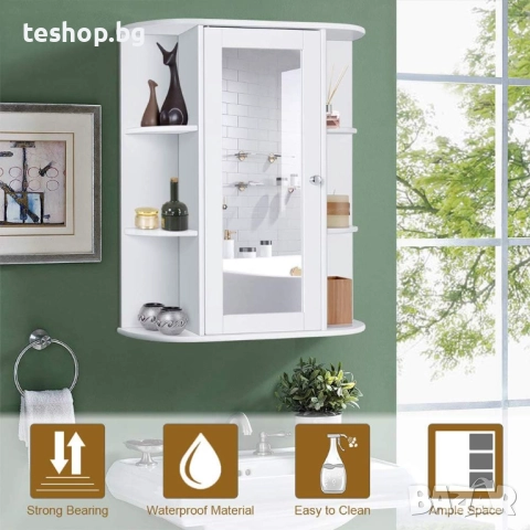 Огледален стенен шкаф за баня MDF, бял, 56 x 13 x 58 см, снимка 4 - Шкафове - 52352429