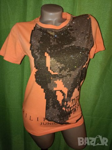Philipp Plein S-Неоновооранжева тениска с камъчета, снимка 1 - Тениски - 46016552