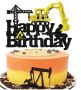 Багер Кран Happy Birthday черно жълт брокатен картон топер украса декор за торта парти рожден ден