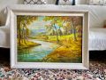 Оригинална авторска картина с маслени бои Есенен горски пейзаж с река