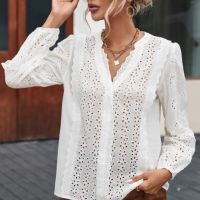 Дамска памучна блуза в бяло с дълъг ръкав и бродерия, снимка 7 - Блузи с дълъг ръкав и пуловери - 45418277
