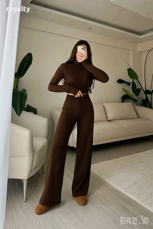 Кафяв Дамски Комплект Фино Плетиво , снимка 1
