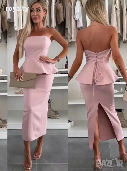 Елегантен дамски костюм пола с бюстие в пудра, снимка 1