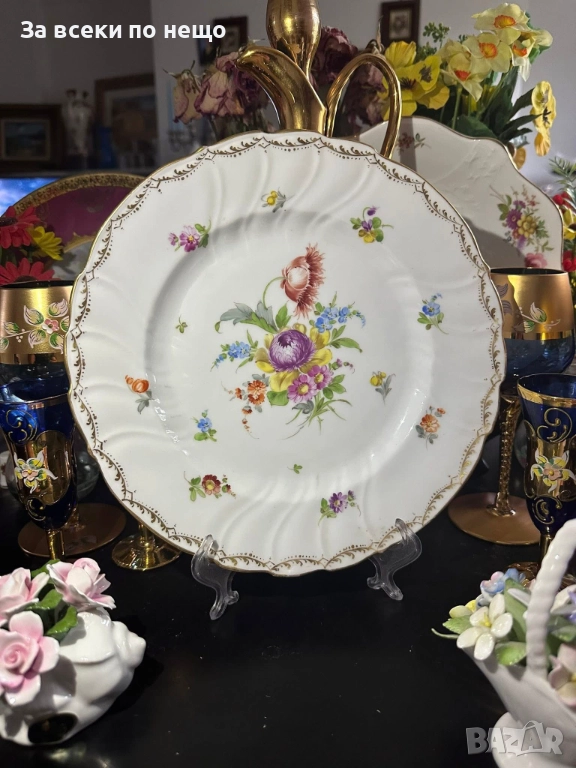 Nевероятно красиво немско плато с майсенски ръчно нарисувани подглазурно букети и цветя Код P1627, снимка 1