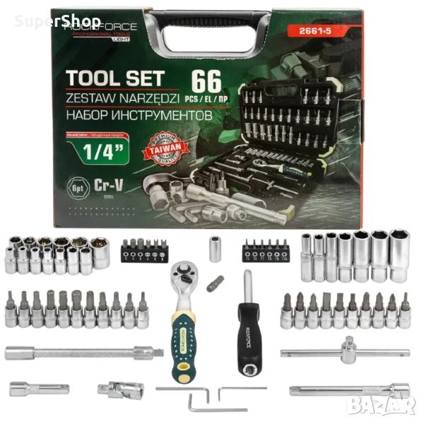 Професионален Комплект Гедоре 66 части 1/4" ROCKFORCE битове и вложки, снимка 1