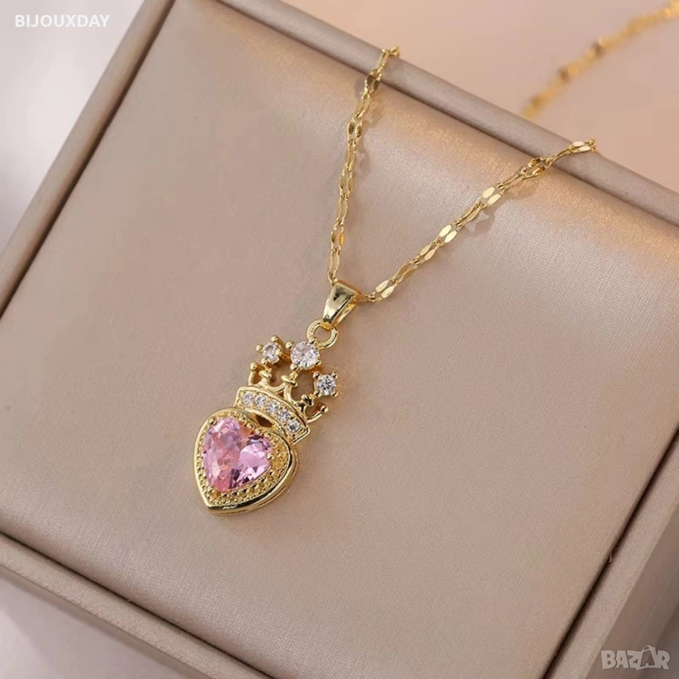 колие розово сърце с корона от медицинска стомана с 18 карата златно покритие, снимка 1