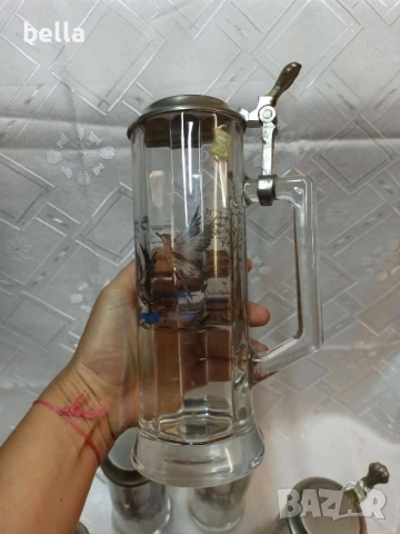 Немски стари стъклени масивни халби 5 броя с животни ,доста масивни 23 см височина., снимка 3 - Антикварни и старинни предмети - 50590492